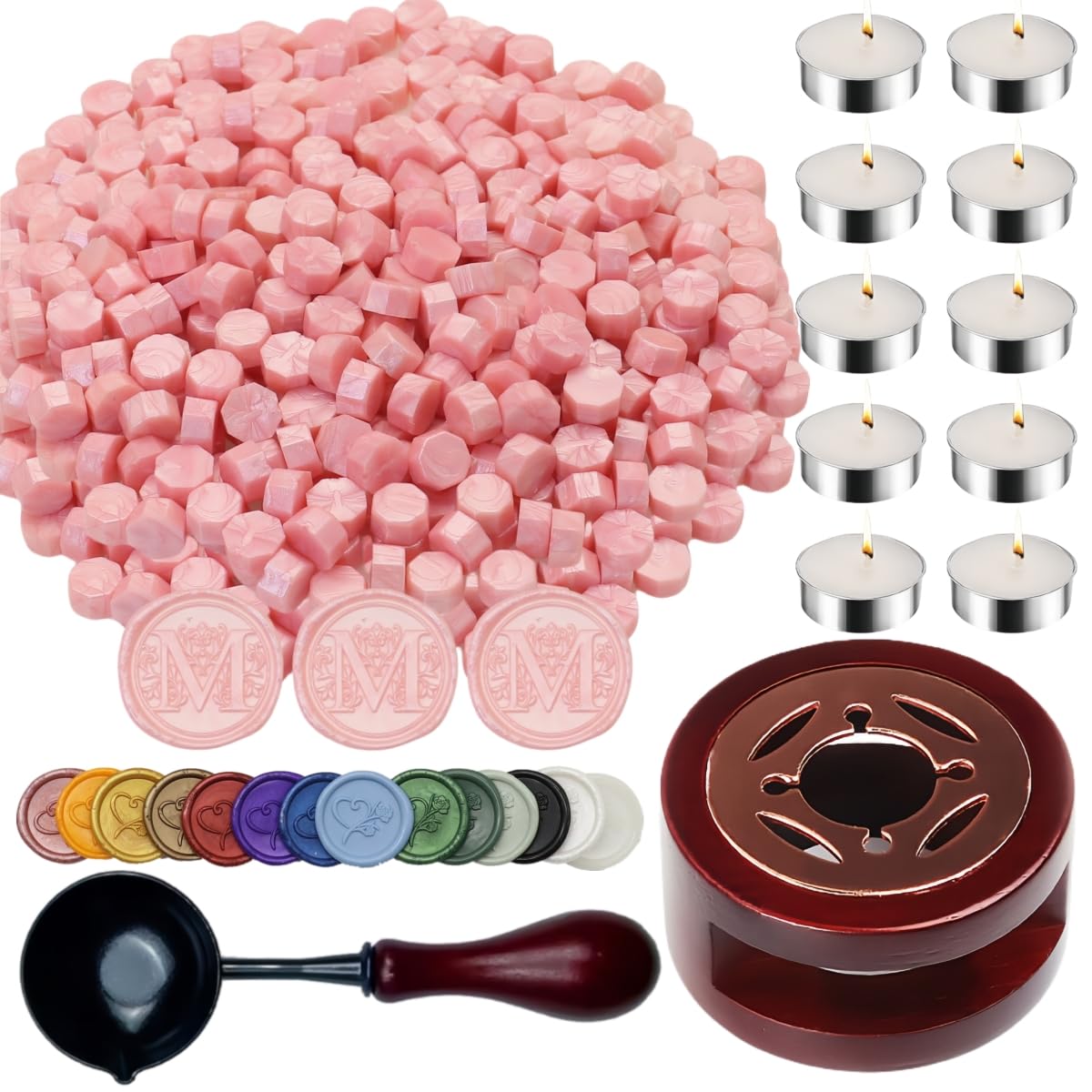 Wax Seal Warmer, 400pcs Pearl Pink Sealing Wax Beads Kit with Warmer, Non-Slip Spoon, Candles for Envelopes, Stamp Letter Seal,Wedding Invitations (Pearl Pink)