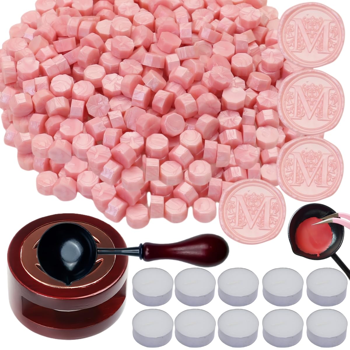 Wax Seal Warmer, 400pcs Pearl Pink Sealing Wax Beads Kit with Warmer, Non-Slip Spoon, Candles for Envelopes, Stamp Letter Seal,Wedding Invitations (Pearl Pink)