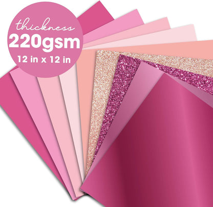 36 Sheets 12x12 Pink Cardstock Paper Pack - 220gsm Solid Glitter Shimmer, 9 Designs Scrapbook Decorative Paper for Card Making, Scrapbooking Supplies, Spring Crafts