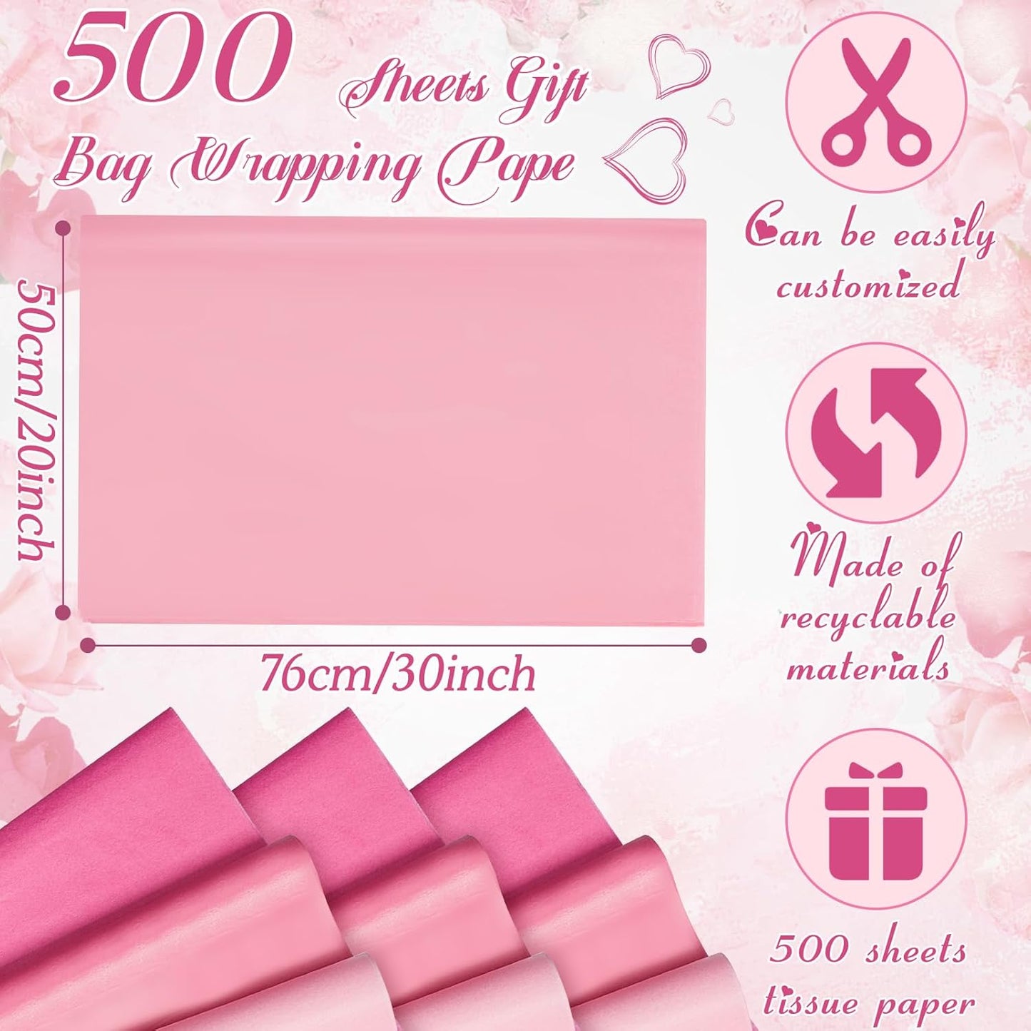500 Sheets Pink Tissue Paper Bulk for Gift Bags 20 x 30 Inch Acid Free Wrapping Paper Sheets for Wedding, Bridal Shower, Bachelorette Party, Flower Packaging, DIY Crafts, Party Decorations