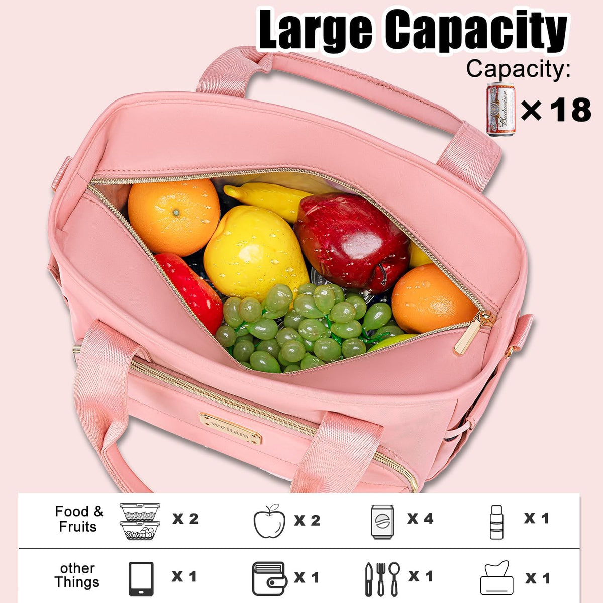 Insulated Lunch Bag for Women,Leak Proof Lunch Box for Work,Extra Large Lunch Tote Bag With Removable Shoulder Strap with Side Pockets,Reusable Lunch Bag For Picnic Hiking (Pink-02)