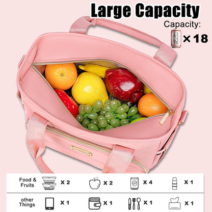 Insulated Lunch Bag for Women,Leak Proof Lunch Box for Work,Extra Large Lunch Tote Bag With Removable Shoulder Strap with Side Pockets,Reusable Lunch Bag For Picnic Hiking (Pink-02)