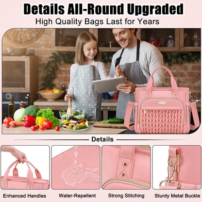 Insulated Lunch Bag for Women,Leak Proof Lunch Box for Work,Extra Large Lunch Tote Bag With Removable Shoulder Strap with Side Pockets,Reusable Lunch Bag For Picnic Hiking (Pink-02)
