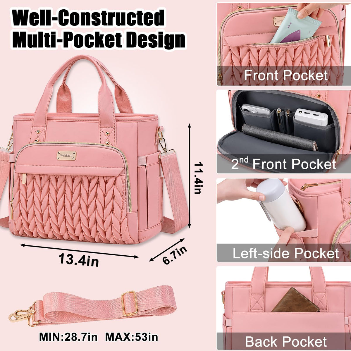 Insulated Lunch Bag for Women,Leak Proof Lunch Box for Work,Extra Large Lunch Tote Bag With Removable Shoulder Strap with Side Pockets,Reusable Lunch Bag For Picnic Hiking (Pink-02)
