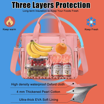 Insulated Lunch Bag for Women,Leak Proof Lunch Box for Work,Extra Large Lunch Tote Bag With Removable Shoulder Strap with Side Pockets,Reusable Lunch Bag For Picnic Hiking (Pink-02)