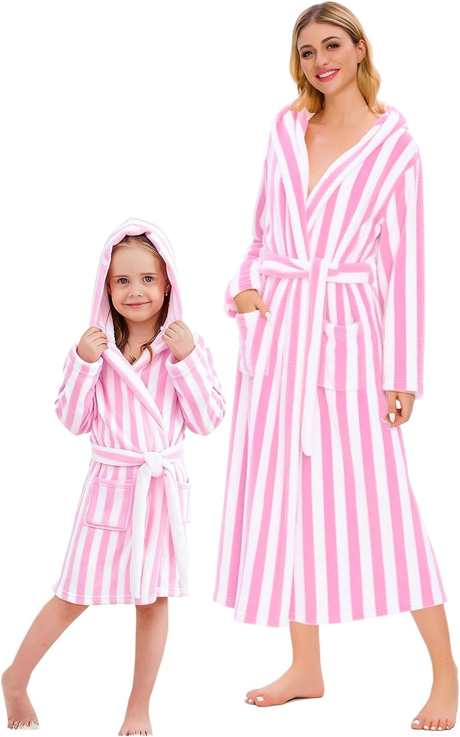 Girls & Women Fleece Hooded Robes, Soft Fuzzy Bathrobe Warm Plush Fluffy Bath Robe for Kids Womens