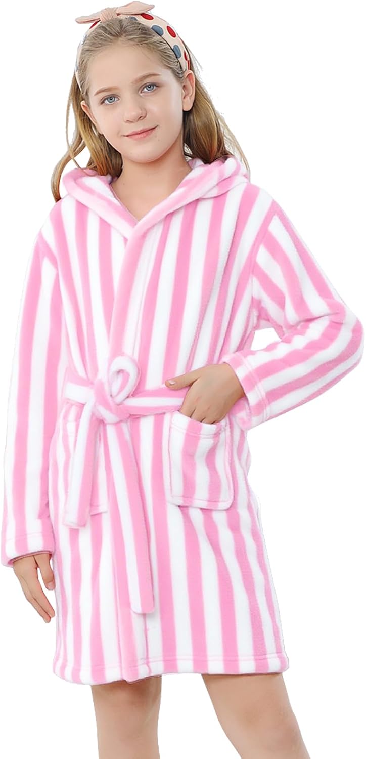 Girls & Women Fleece Hooded Robes, Soft Fuzzy Bathrobe Warm Plush Fluffy Bath Robe for Kids Womens