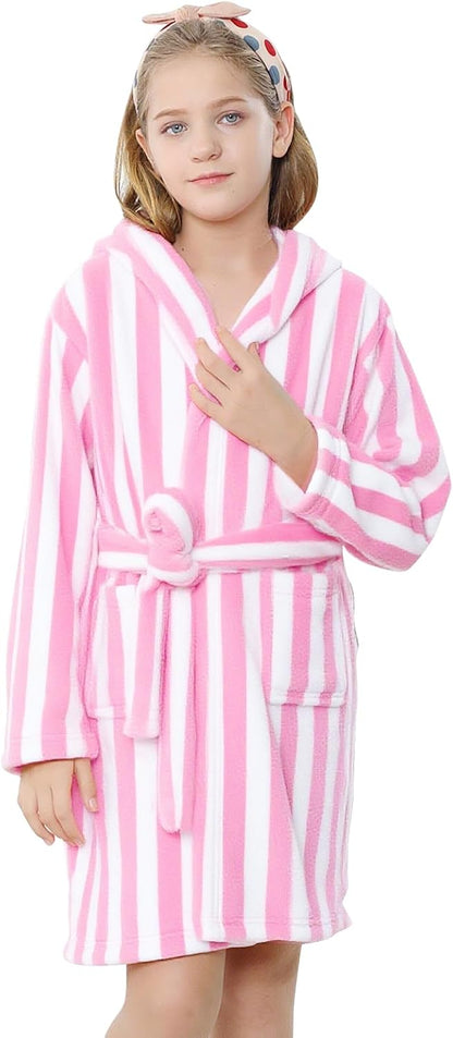 Girls & Women Fleece Hooded Robes, Soft Fuzzy Bathrobe Warm Plush Fluffy Bath Robe for Kids Womens