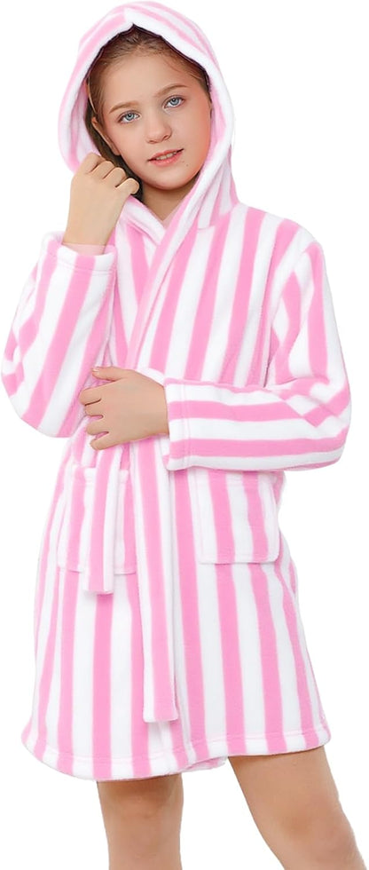 Girls & Women Fleece Hooded Robes, Soft Fuzzy Bathrobe Warm Plush Fluffy Bath Robe for Kids Womens