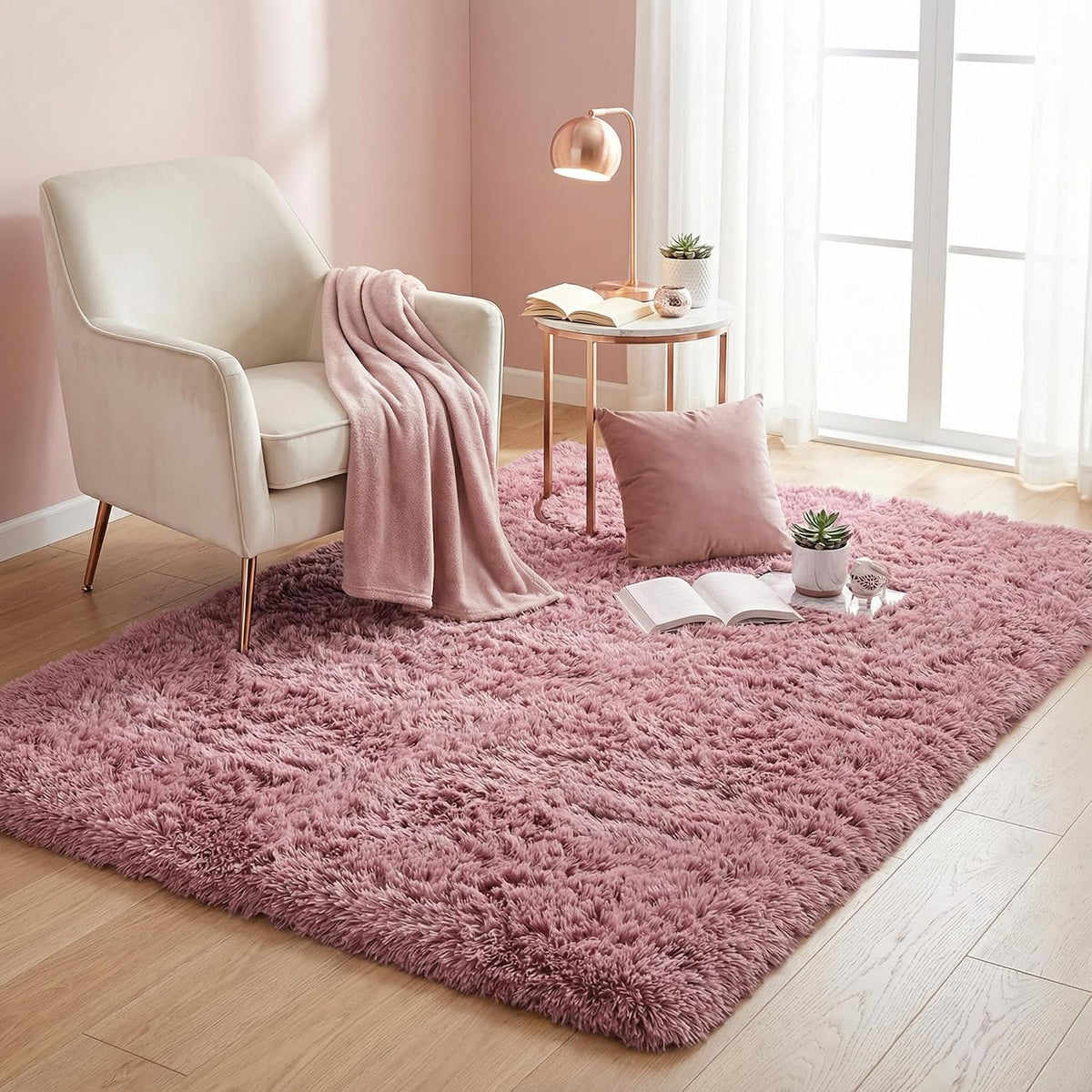 Modern Soft Fluffy Large Shaggy Rug for Bedroom Livingroom Dorm Kids Room Indoor Home Decorative, Non-Slip Plush Furry Fur Area Rugs Comfy Nursery Accent Floor Carpet 4'x6' Blush