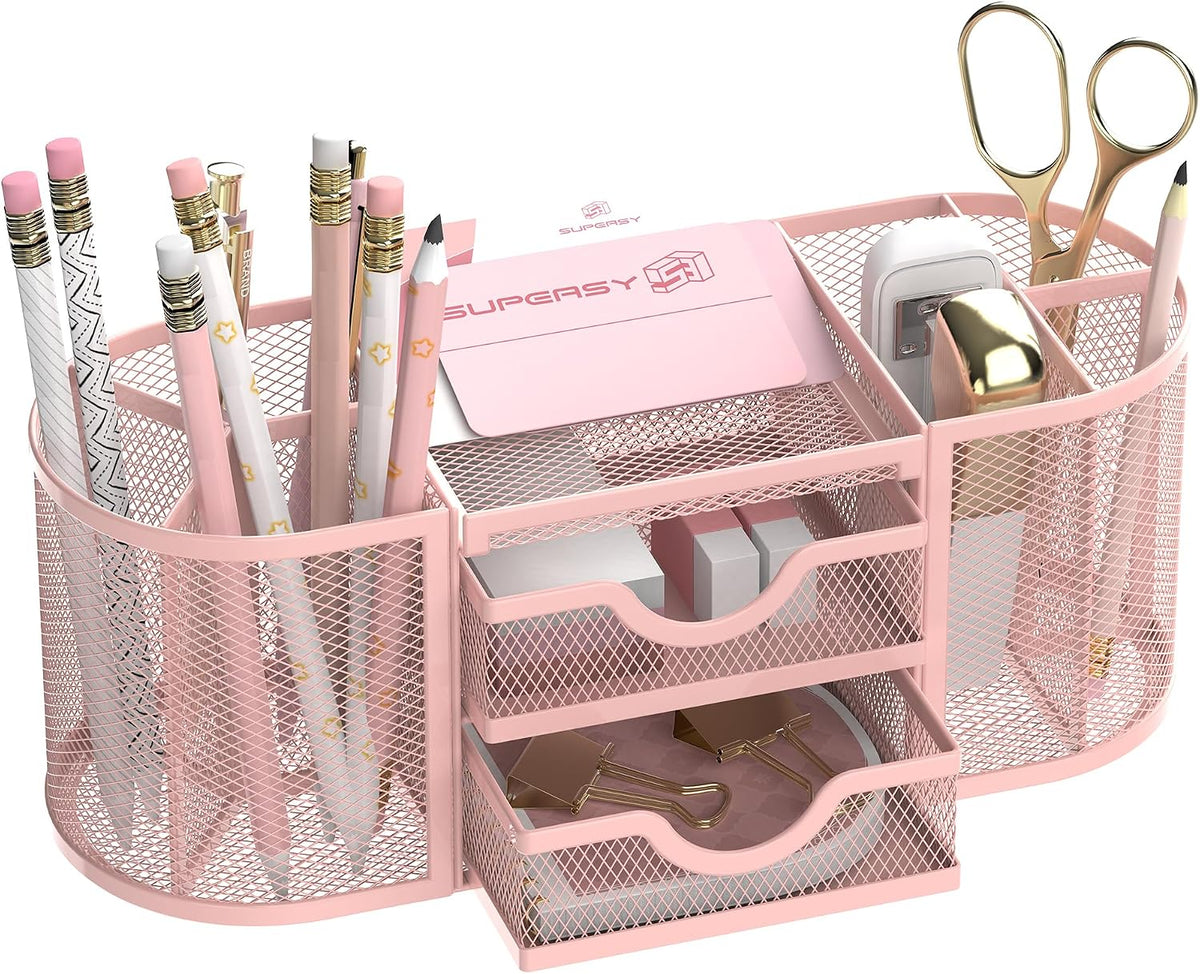 Mesh Desk Organizer, Pen Holder for Desk with 2 Drawers, Pink