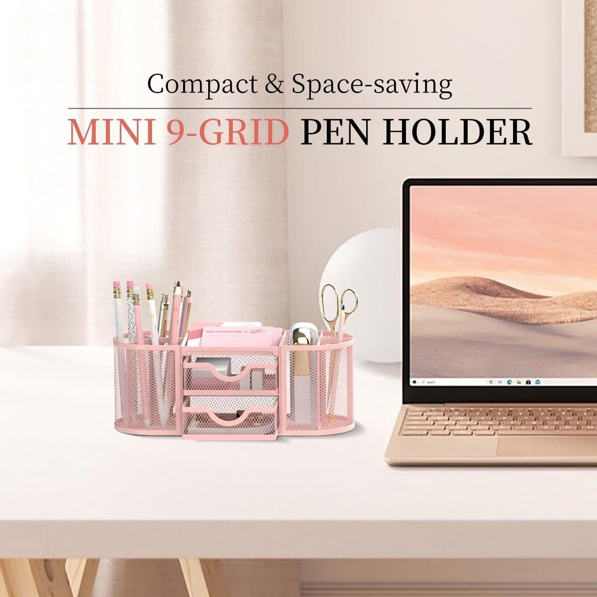 Mesh Desk Organizer, Pen Holder for Desk with 2 Drawers, Pink