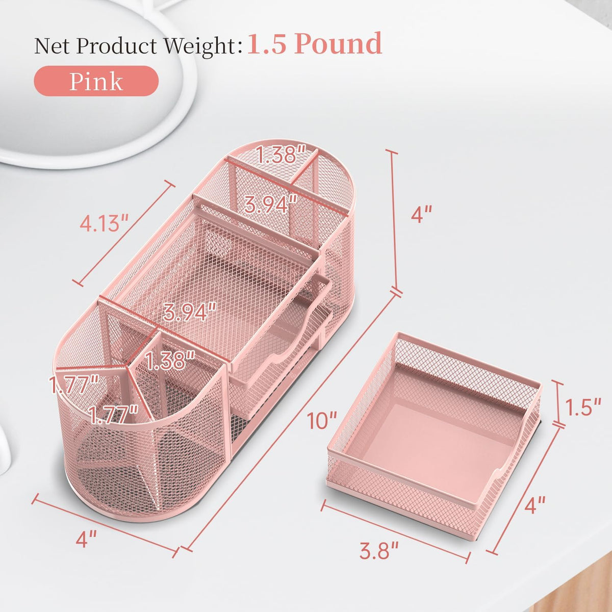 Mesh Desk Organizer, Pen Holder for Desk with 2 Drawers, Pink