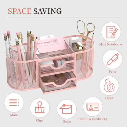 Mesh Desk Organizer, Pen Holder for Desk with 2 Drawers, Pink
