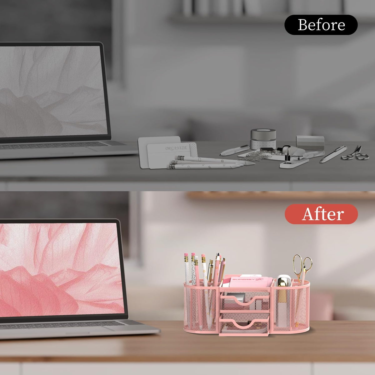 Mesh Desk Organizer, Pen Holder for Desk with 2 Drawers, Pink