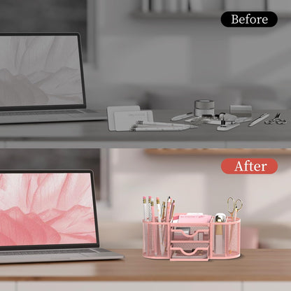 Mesh Desk Organizer, Pen Holder for Desk with 2 Drawers, Pink