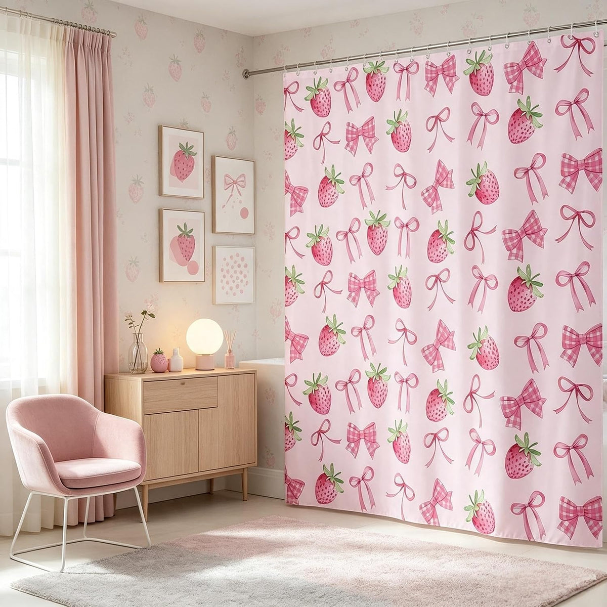 Sweet Strawberry Shower Curtain for Stalls Bathtubs Pretty Coquette Bowknots Bathroom Shower Curtain Set Cute Bows Bath Curtains Pink Green Waterproof Curtains 72x72 Inch