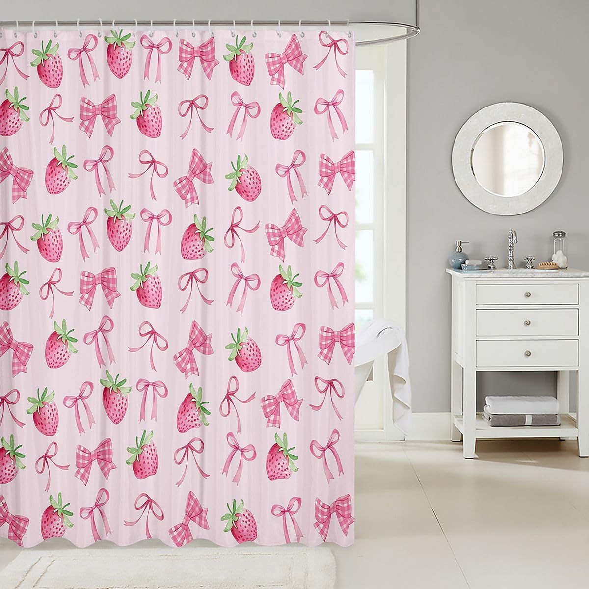 Sweet Strawberry Shower Curtain for Stalls Bathtubs Pretty Coquette Bowknots Bathroom Shower Curtain Set Cute Bows Bath Curtains Pink Green Waterproof Curtains 72x72 Inch