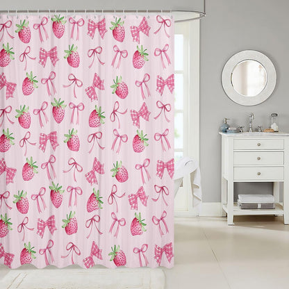 Sweet Strawberry Shower Curtain for Stalls Bathtubs Pretty Coquette Bowknots Bathroom Shower Curtain Set Cute Bows Bath Curtains Pink Green Waterproof Curtains 72x72 Inch