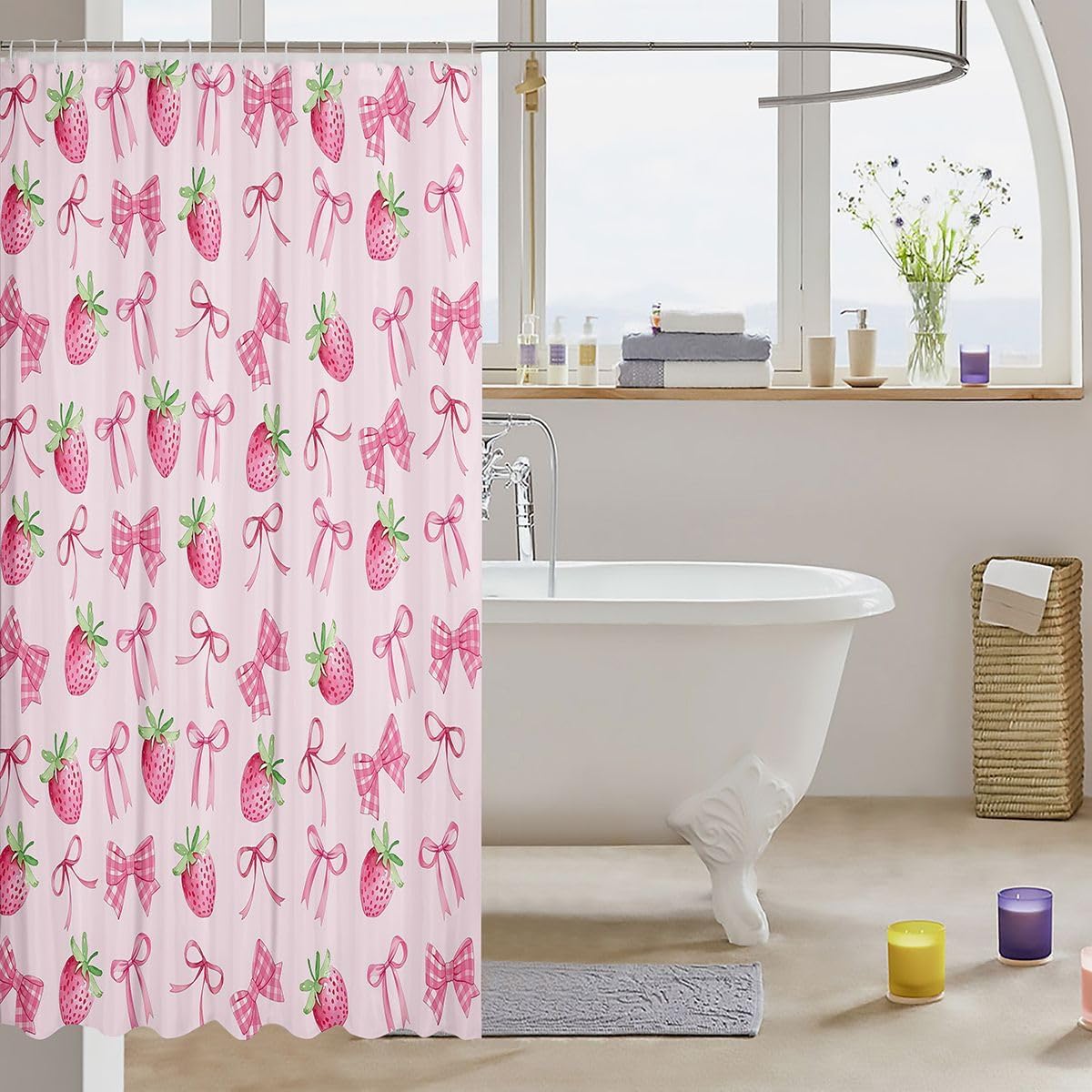 Sweet Strawberry Shower Curtain for Stalls Bathtubs Pretty Coquette Bowknots Bathroom Shower Curtain Set Cute Bows Bath Curtains Pink Green Waterproof Curtains 72x72 Inch