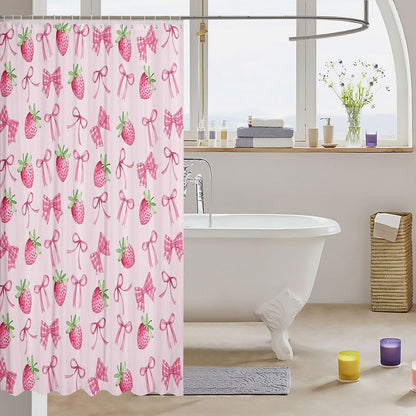 Sweet Strawberry Shower Curtain for Stalls Bathtubs Pretty Coquette Bowknots Bathroom Shower Curtain Set Cute Bows Bath Curtains Pink Green Waterproof Curtains 72x72 Inch