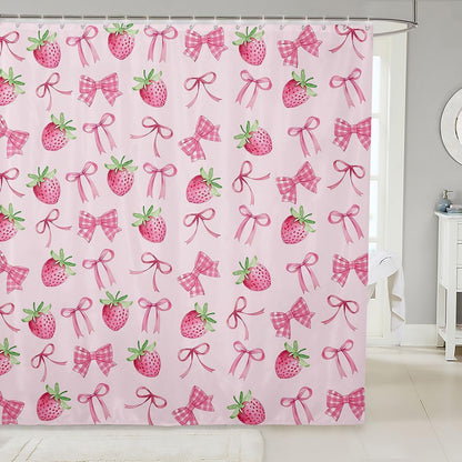 Sweet Strawberry Shower Curtain for Stalls Bathtubs Pretty Coquette Bowknots Bathroom Shower Curtain Set Cute Bows Bath Curtains Pink Green Waterproof Curtains 72x72 Inch