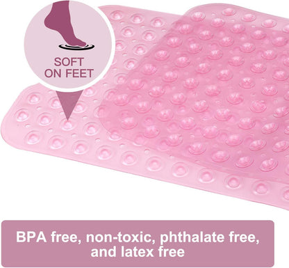Bath and Shower Safety Mats 40x16 inch, Non Slip with Suction Cups for Bathroom Stall and Tub Floor, Extra Large and Machine Washable, Drain Holes Keep Bathtub Clean, Light Pink