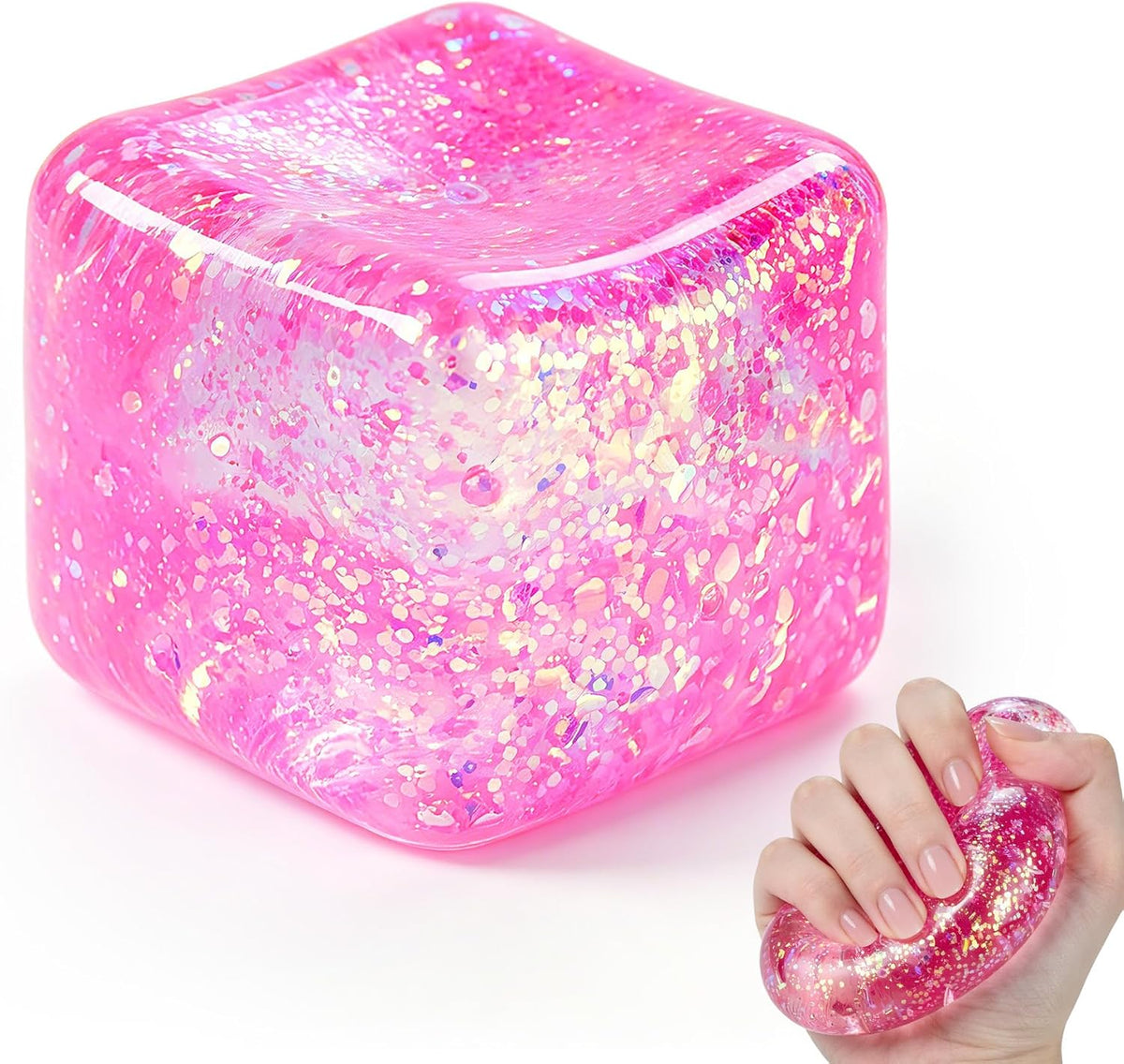 Squishy Cube Squishy Stress Cube for Adults,Glitter Squishy Slow Rising Fidget Cube Sensory for Anxiety Stress Relief High Density Cube Squeeze Ball Cubes (Pink)