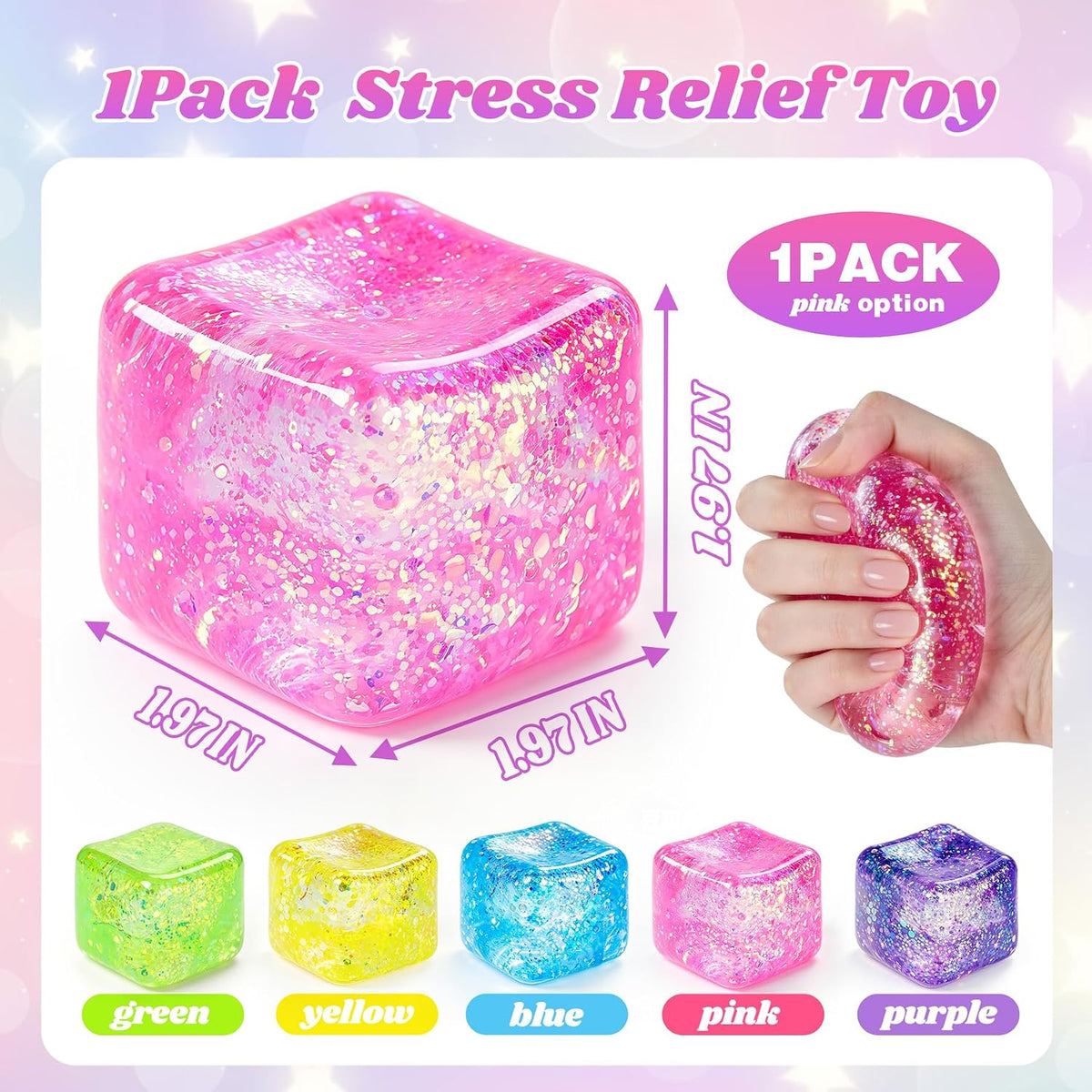 Squishy Cube Squishy Stress Cube for Adults,Glitter Squishy Slow Rising Fidget Cube Sensory for Anxiety Stress Relief High Density Cube Squeeze Ball Cubes (Pink)