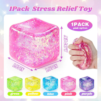Squishy Cube Squishy Stress Cube for Adults,Glitter Squishy Slow Rising Fidget Cube Sensory for Anxiety Stress Relief High Density Cube Squeeze Ball Cubes (Pink)