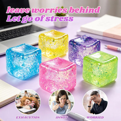 Squishy Cube Squishy Stress Cube for Adults,Glitter Squishy Slow Rising Fidget Cube Sensory for Anxiety Stress Relief High Density Cube Squeeze Ball Cubes (Pink)