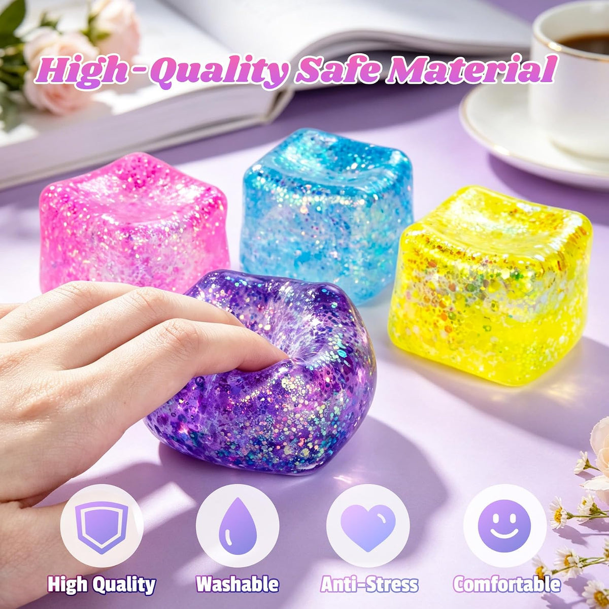 Squishy Cube Squishy Stress Cube for Adults,Glitter Squishy Slow Rising Fidget Cube Sensory for Anxiety Stress Relief High Density Cube Squeeze Ball Cubes (Pink)