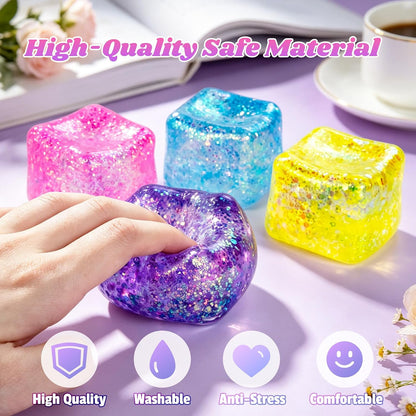 Squishy Cube Squishy Stress Cube for Adults,Glitter Squishy Slow Rising Fidget Cube Sensory for Anxiety Stress Relief High Density Cube Squeeze Ball Cubes (Pink)