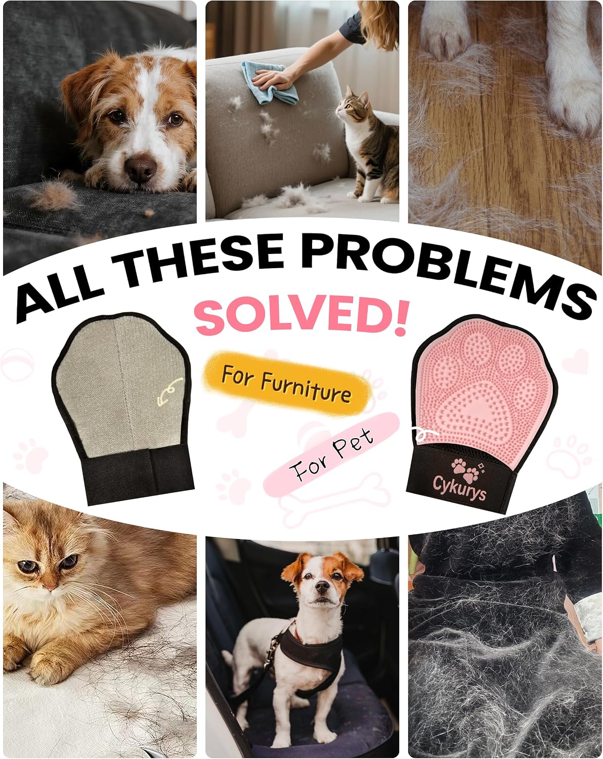 Pet Hair Removal Glove for Dogs & Cats, Double-Sided Grooming Glove