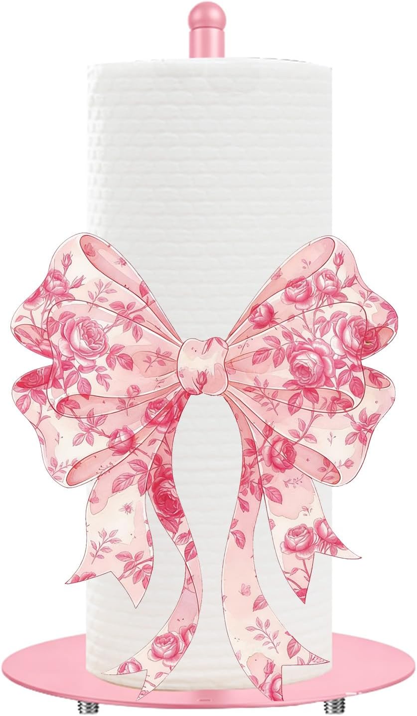 Pink Paper Towel Holder, Decorative Pink Bow Standing Paper Towel Kitchen Decor Accessories, Metal Napkin Holder for Countertops Bathroom Home