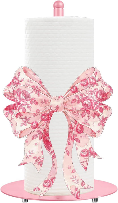 Pink Paper Towel Holder, Decorative Pink Bow Standing Paper Towel Kitchen Decor Accessories, Metal Napkin Holder for Countertops Bathroom Home