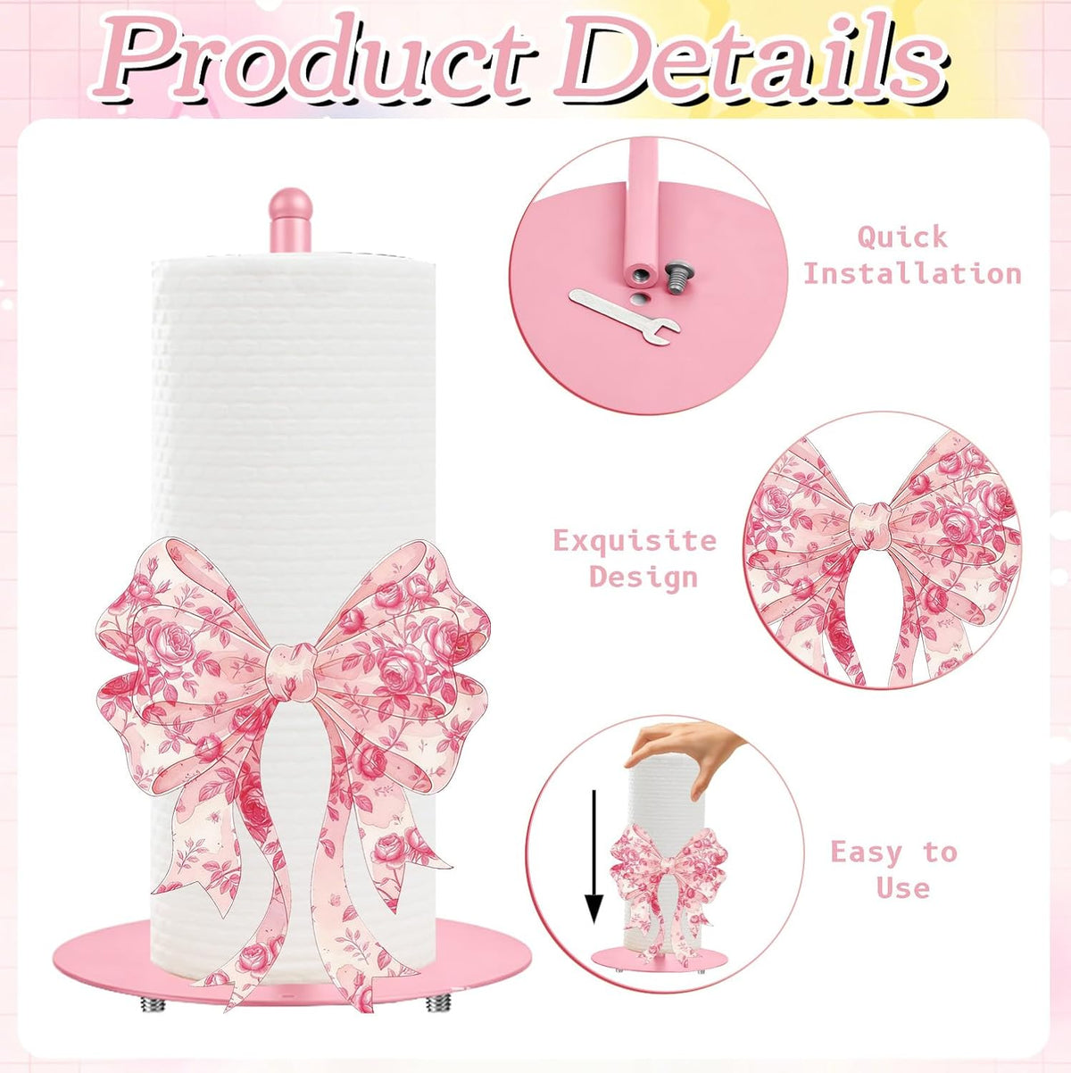 Pink Paper Towel Holder, Decorative Pink Bow Standing Paper Towel Kitchen Decor Accessories, Metal Napkin Holder for Countertops Bathroom Home