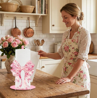 Pink Paper Towel Holder, Decorative Pink Bow Standing Paper Towel Kitchen Decor Accessories, Metal Napkin Holder for Countertops Bathroom Home