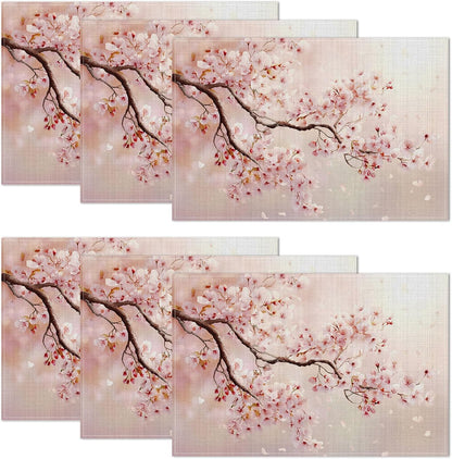 Cherry Blossom Pink Flower Placemats Set of 6,12 x 18 Inch Table Mats Washable Heat Resistant Linen Fabric Rectangle Place Mat for Party Home Kitchen Dining