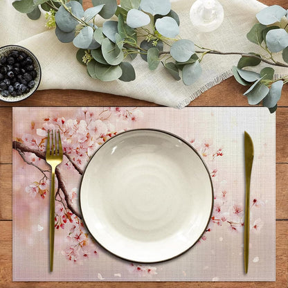 Cherry Blossom Pink Flower Placemats Set of 6,12 x 18 Inch Table Mats Washable Heat Resistant Linen Fabric Rectangle Place Mat for Party Home Kitchen Dining
