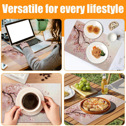 Cherry Blossom Pink Flower Placemats Set of 6,12 x 18 Inch Table Mats Washable Heat Resistant Linen Fabric Rectangle Place Mat for Party Home Kitchen Dining