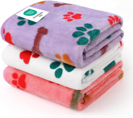1 Pack 3 Blankets Fluffy Premium Fleece Pet Blanket Flannel Paw Bone Printed Throw for Dog Cat(Small 23x16'', Purple/Pink/White)