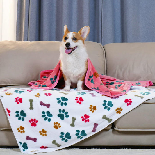 1 Pack 3 Blankets Fluffy Premium Fleece Pet Blanket Flannel Paw Bone Printed Throw for Dog Cat(Small 23x16'', Purple/Pink/White)
