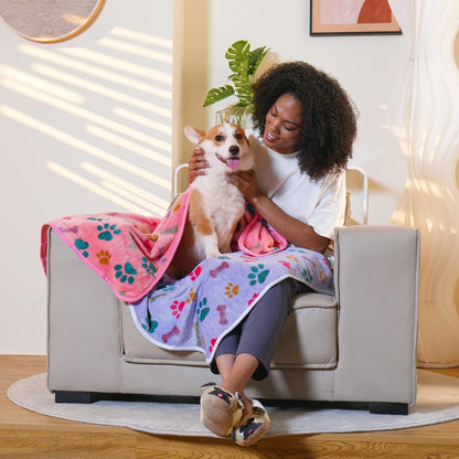 1 Pack 3 Blankets Fluffy Premium Fleece Pet Blanket Flannel Paw Bone Printed Throw for Dog Cat(Small 23x16'', Purple/Pink/White)