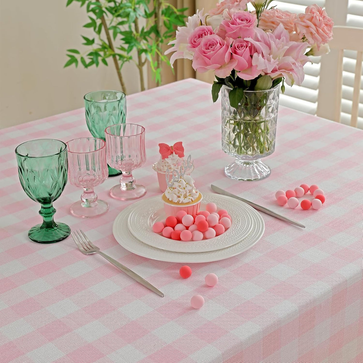 Cottagecore Pink Gingham Tablecloth Rectangle 55”x70”