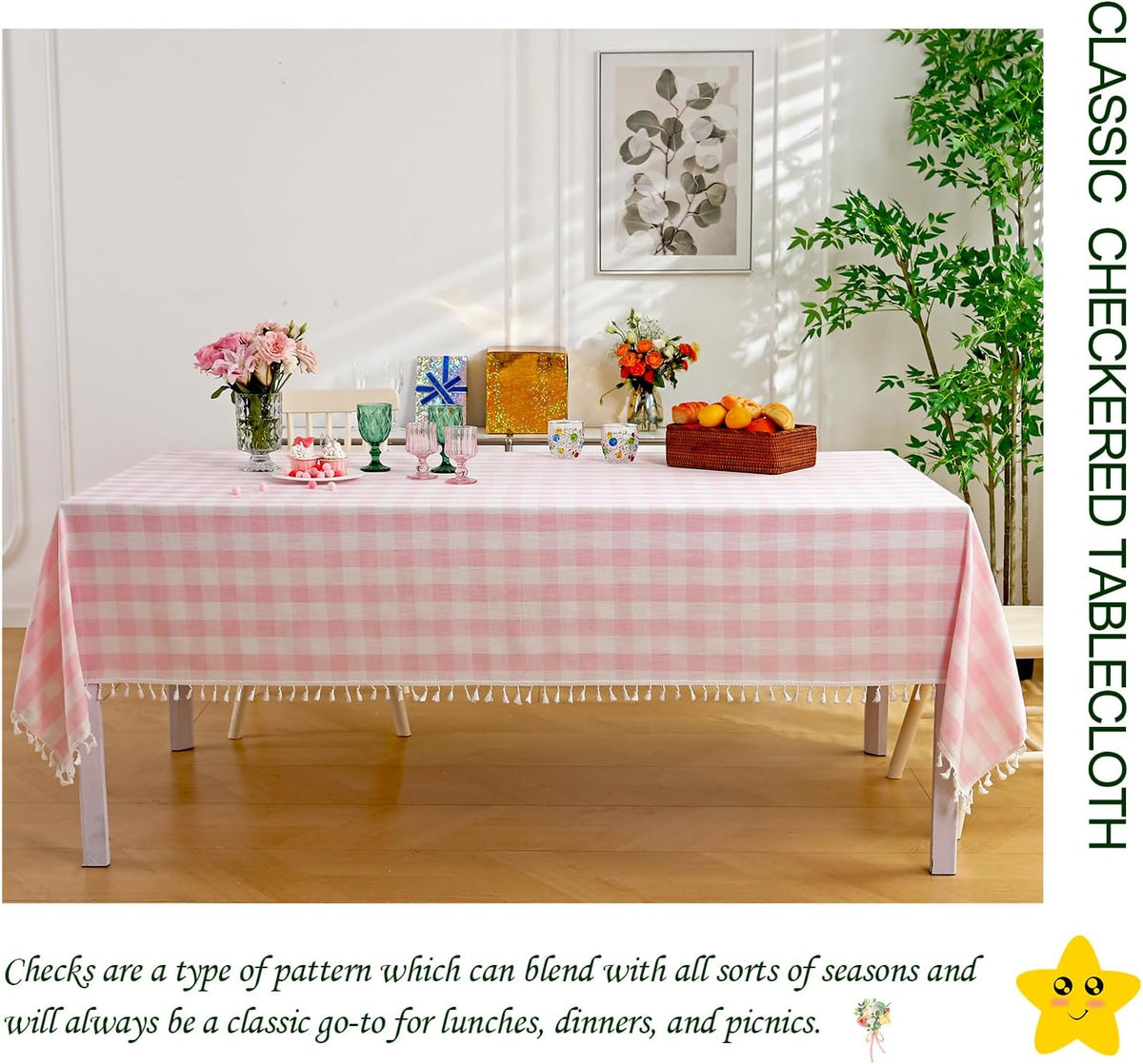 Cottagecore Pink Gingham Tablecloth Rectangle 55”x70”