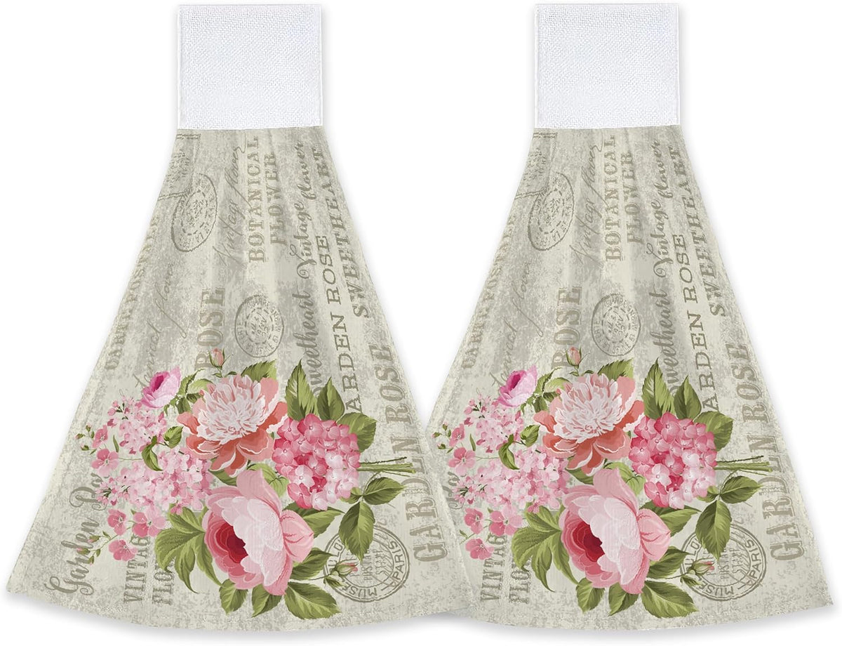 Vintage Pink Rose Flowers Hanging Kitchen Towels 2 Pieces Hand Towel Loop Dish Cloth Tie Towels Tea Bar Towels for Bathroom Farmhouse Housewarming Tabletop Home