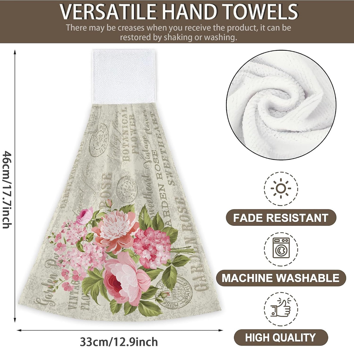Vintage Pink Rose Flowers Hanging Kitchen Towels 2 Pieces Hand Towel Loop Dish Cloth Tie Towels Tea Bar Towels for Bathroom Farmhouse Housewarming Tabletop Home