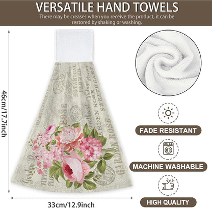 Vintage Pink Rose Flowers Hanging Kitchen Towels 2 Pieces Hand Towel Loop Dish Cloth Tie Towels Tea Bar Towels for Bathroom Farmhouse Housewarming Tabletop Home