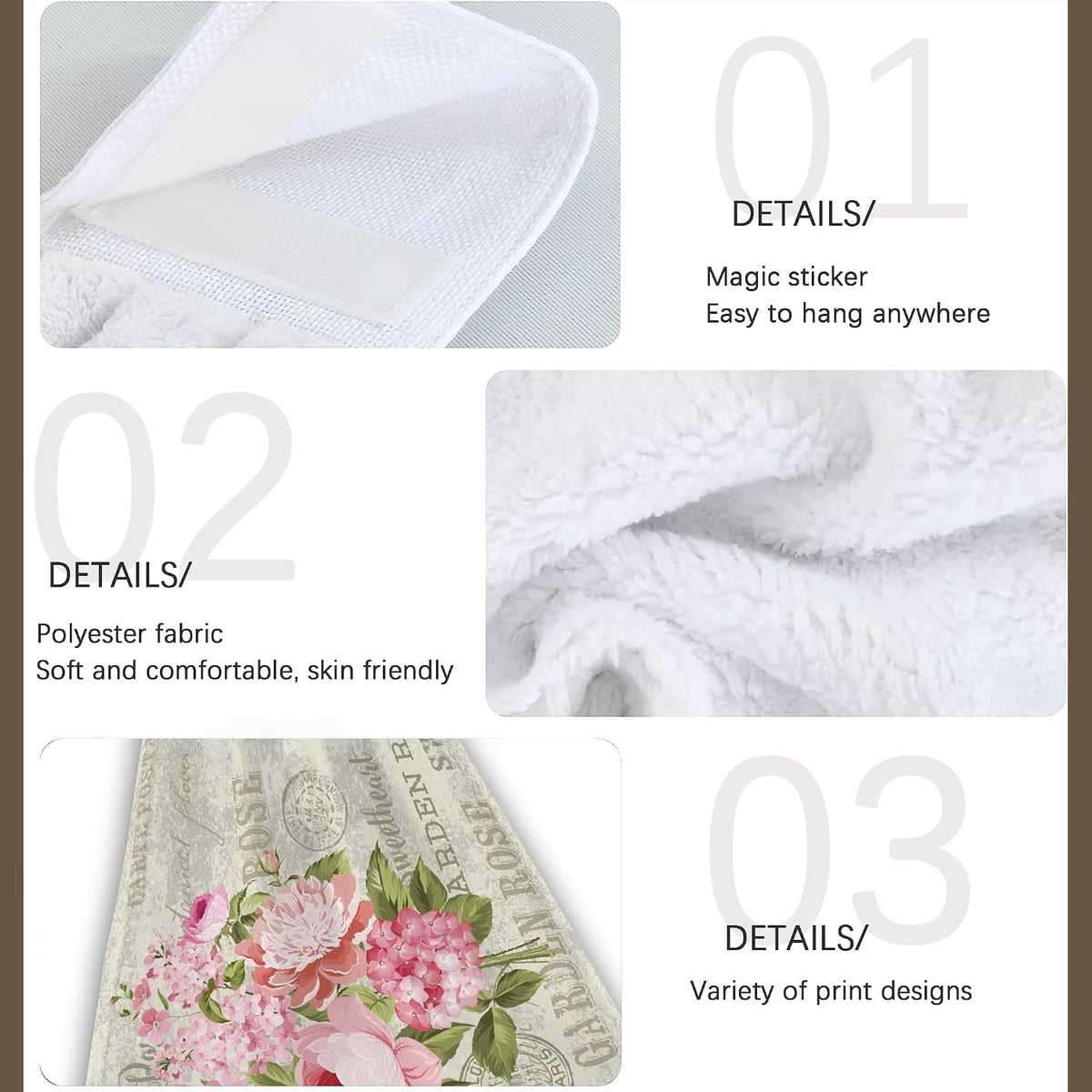 Vintage Pink Rose Flowers Hanging Kitchen Towels 2 Pieces Hand Towel Loop Dish Cloth Tie Towels Tea Bar Towels for Bathroom Farmhouse Housewarming Tabletop Home